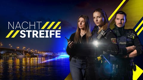 Polizeiteam der Nachtstreife vor der Theodor-Heuss-Brücke in Mainz