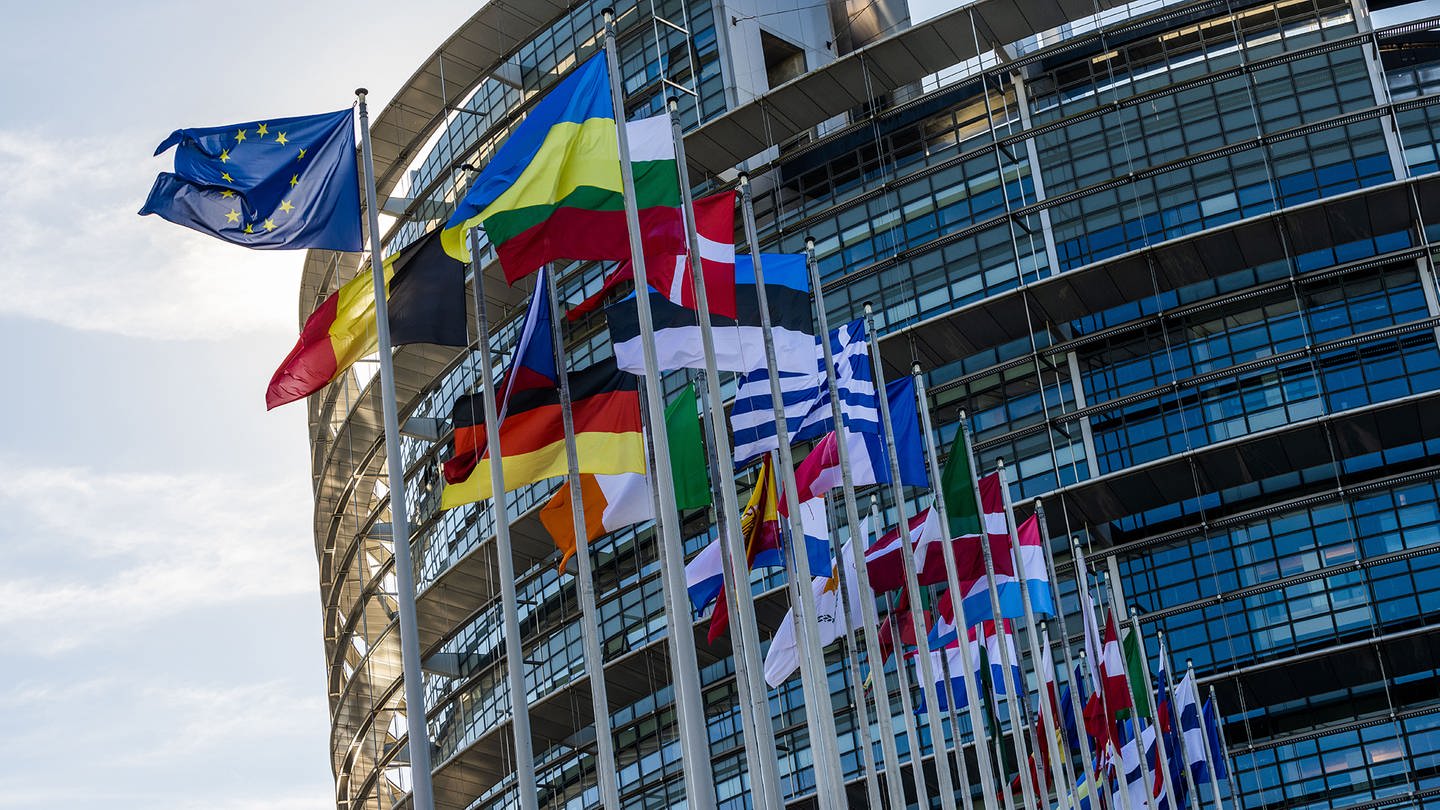 Die Flaggen der Europäischen Union, der Ukraine und der Mitgliedsstaaten der EU wehen vor dem Gebäude des Europäischen Parlaments in Straßburg.