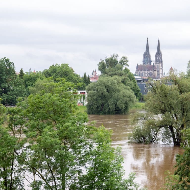 Die über die Ufer getretene Donau in Regensburg