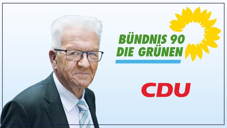 Winfried Kretschmann neben den Parteilogos von den Grünen und der CDU. (Foto: Pressestelle, SWR, BÜNDNIS 90/DIE GRÜNE Baden-Württemberg, CDU, Collage SWR)