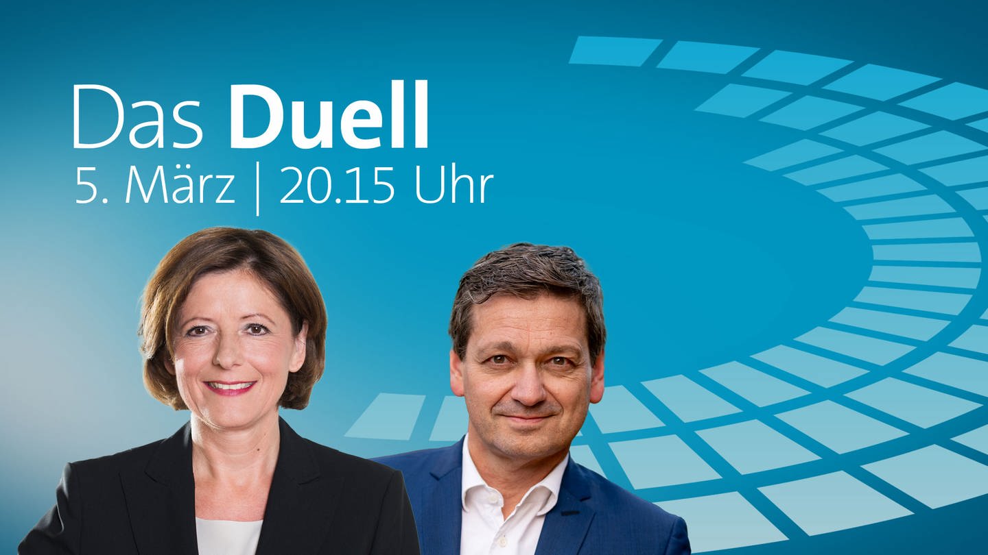 Malu Dreyer, die Spitzen·kandidatin von der SPD und Christian Baldauf, der Spitzen·kanditat von der CDU auf blauer Grafik, dazu der Schrift·zug: Das Duell, am 5. März um 20.15 Uhr (Foto: Pressestelle, SWR, Collage SWR)