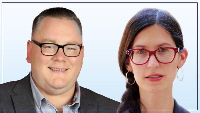 David Schwarzendahl und Melanie Very- Sims, Spitzen·kandidat von der Partei Die Linken. (Foto: Pressestelle, Die Linke Rheinland-Pfalz, Collage SWR)