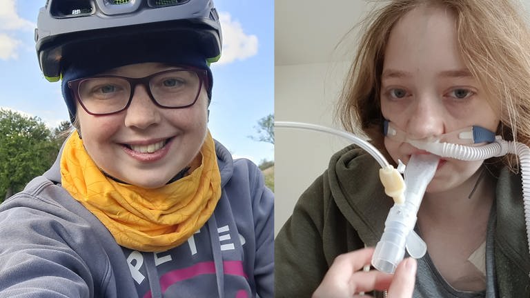 Collage Sarah Schott 2019 vor der Organtransplantation mit Beatmungsgerät und heute mit Fahrradhelm