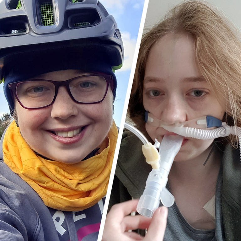 Collage Sarah Schott 2019 vor der Organtransplantation mit Beatmungsgerät und heute mit Fahrradhelm