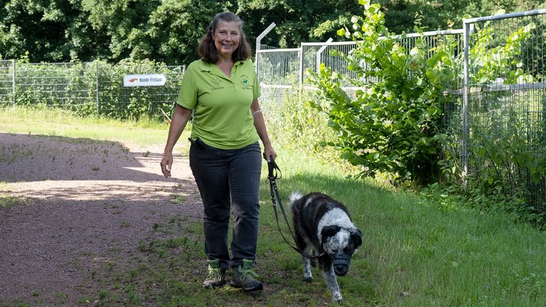 Inge Wanken geht mit einem Hund spazieren.