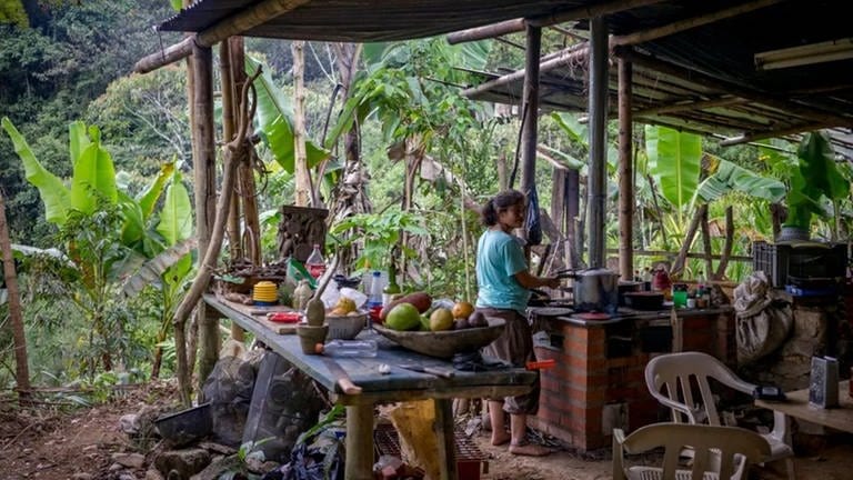 Tisch voller Speisen und eine Frau, die Essen zubereitet in Regenwald. (Foto: SWR)