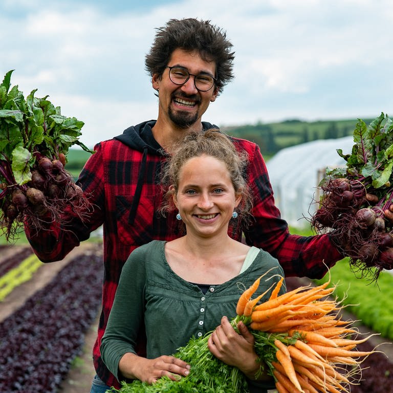 Ein junges heterosexuelles Paar in einem Gemüsegarten mit Gemüse in den Händen