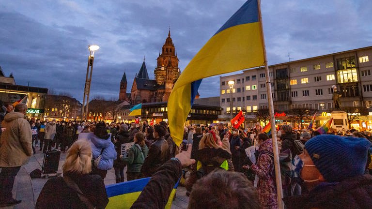 Menschenmenge vor dem Mainzer Dom mit Ukraine-Flaggen (Foto: SWR)
