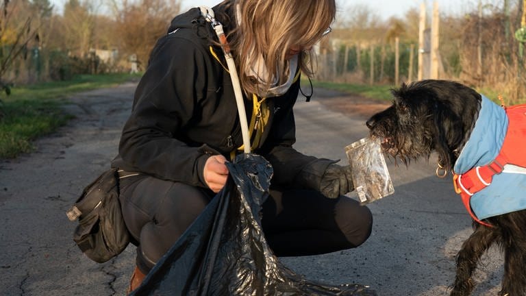 Hund auf Feldweg hat Plastikmüll im Maul, Frau mit Plastiktüte greift nach dem Müll.
