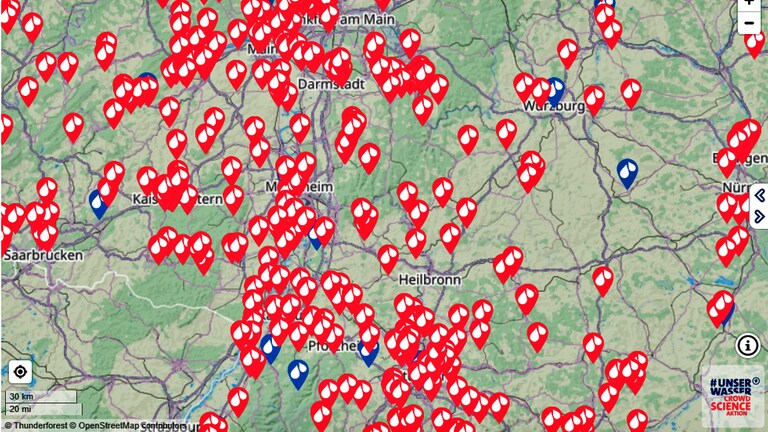 Screenshot der Karte zur ARD Citizen Science rund um die Trockenheit in Deutschland (Foto: SWR/Maphub © Thunderforest © OpenStreetMap)