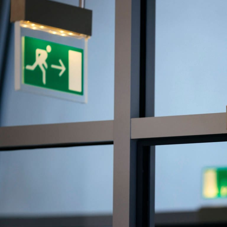 Notausgang-Schilder vor einem Fenster (Foto: IMAGO, Future Image)