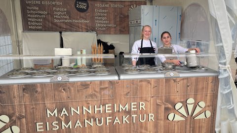 Eismanufaktur Mannheim: Michelle Sander (links) und Elona Dalibi (rechts) verkaufen auf dem Maimarkt Eisspezialitäten. (Foto: SWR)