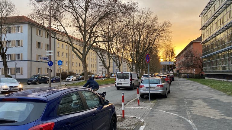 Radfahrer müssen Straße in Mannheim kreuzen oder hinter parkender Autoreihe entlang fahren. (Foto: SWR, Thomas Reutter)