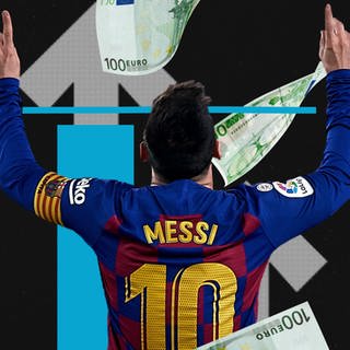 Lionel Messi mit Geldscheinen im Hintergrund