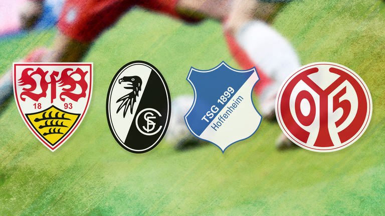 Die Logos des VfB Stuttgart, SC Freiburg, TSG Hoffenheim und 1. FSV Mainz 05. (Foto: dpa Bildfunk, SWR, VfB Stuttgart, SC Freiburg, TSG Hoffenheim, 1. FSV Mainz 05)