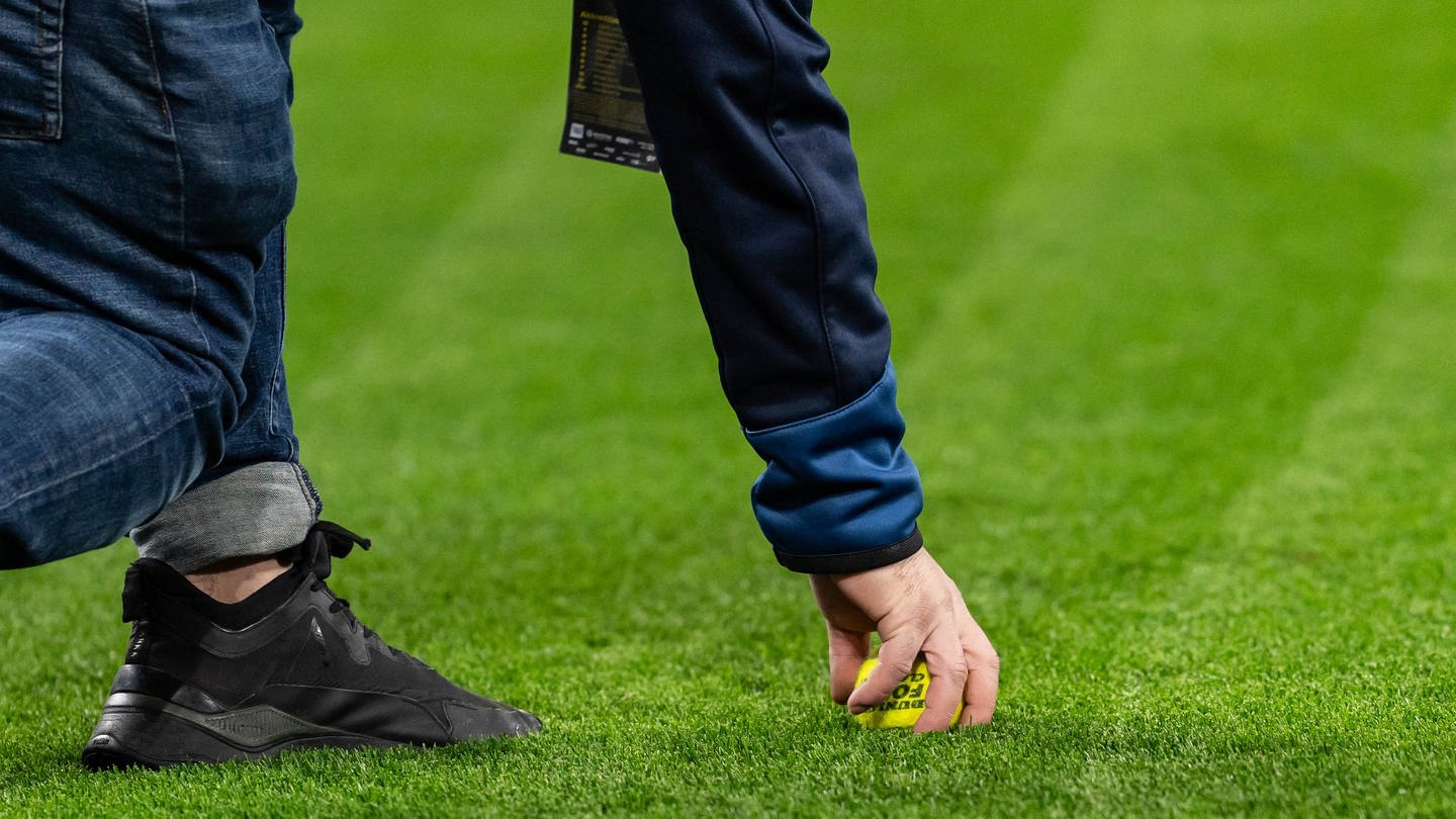 Ein Ordner entfernt einen Tennisball vom Fußballplatz des Dortmunder Stadions. (Foto: IMAGO, IMAGO / Nordphoto)