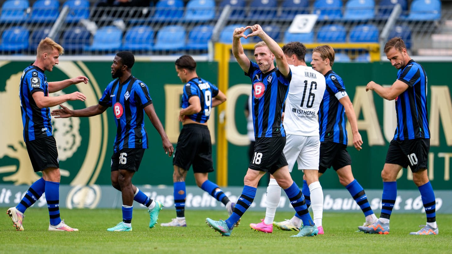 Spieler des SV Waldhof Mannheim freuen sich über ein Tor gegen den Halleschen FC. (Foto: picture-alliance / Reportdienste, Picture Alliance)