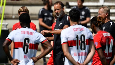 VfB-Trainer Pellegrino Matarazzo spricht mit seinen Spielern. (Foto: IMAGO, IMAGO / Michael Weber)