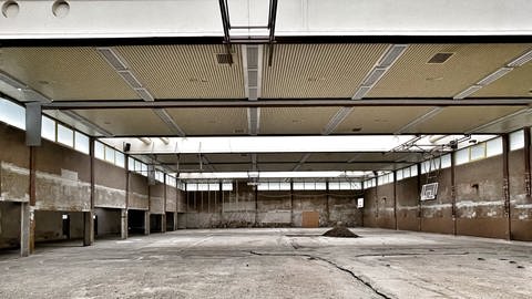 Die zerstörte Sporthalle der Berufsbildenden Schule im Landkreis Ahrweiler zwei Jahre nach der Flut. 