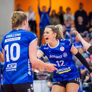 Volleyballerinnen des Allianz MTV Stuttgart jubeln nach einem Punkt (Foto: IMAGO, IMAGO / Eibner)