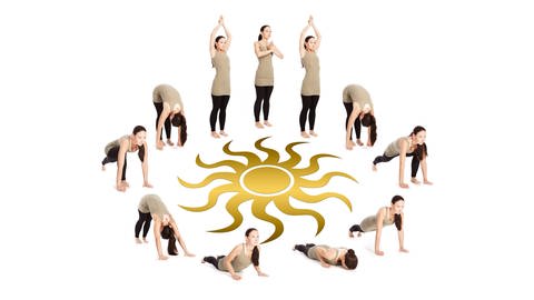 Eine Frau in schwarze Leggins und braunem Oberteil zeigt die einzelnen Phasen des Sonnengrußes beim Yoga (Foto: IMAGO, Panthermedia)