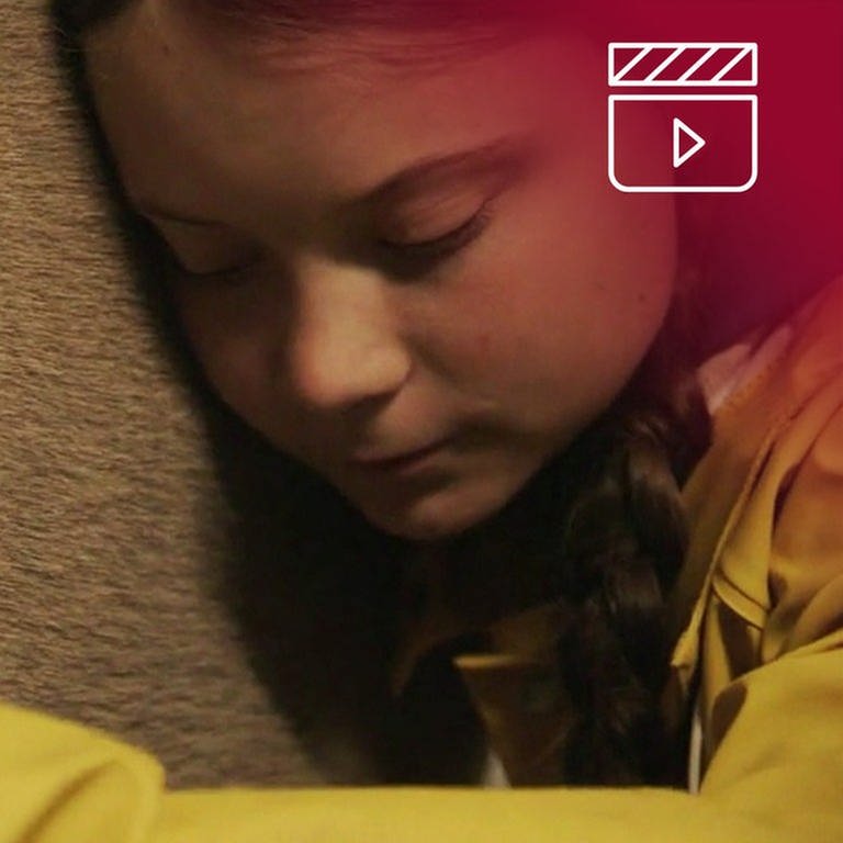 Standbild aus dem Dokumentarfilm Ich bin Greta: Greta kuschelt sich an einen Pferdekörper, rotes Overlay mit Icon Filmklappe (Foto: SWR, WDR, B-Reel Features Film)