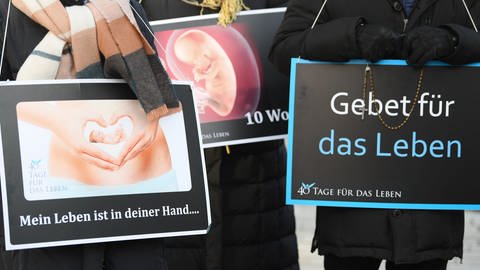 Mit Plakaten mit der Aufschrift "Mein Leben ist in deiner Hand..." und "Gebet für das Leben" und dem Bild eines 10 Wochen alten Embryo demonstrieren Abtreibungsgegner  (Foto: dpa Bildfunk, Picture Alliance)