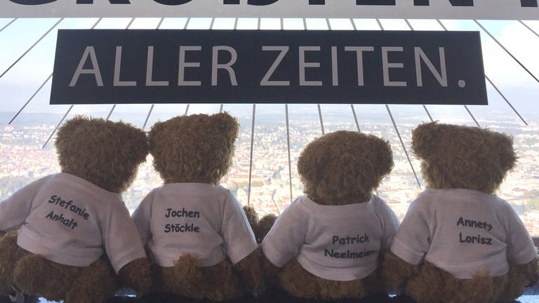 Vier Teddybären sitzen am Fenster des Fernsehturms und schauen raus. (Foto: SWR)