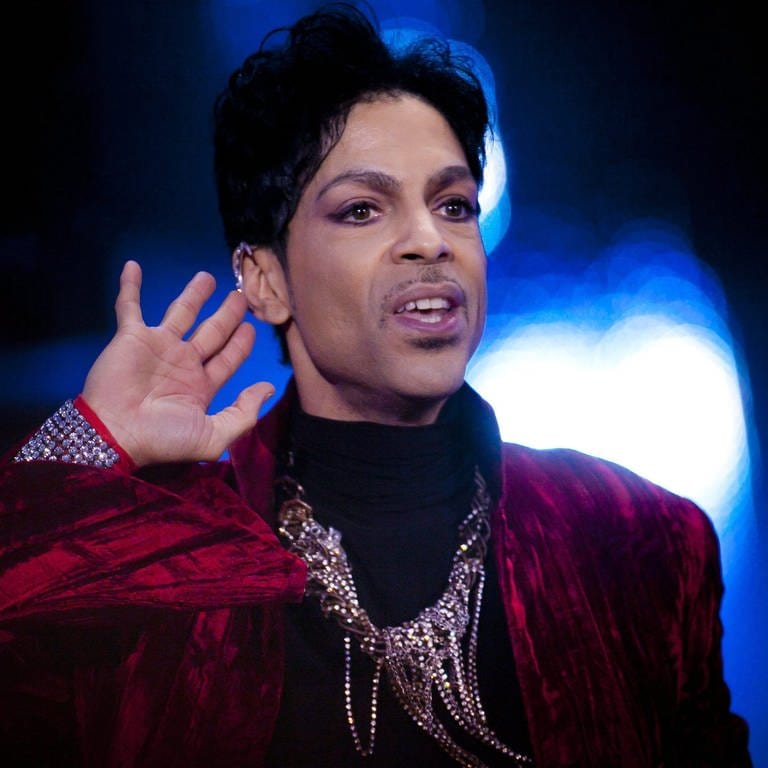 Der Sänger Prince steht auf einer Bühne. Er trägt ein rotes Samtoberteil mit glitzernden Ketten. (Foto: dpa Bildfunk, Picture Alliance)