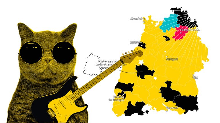 Baden-Württemberg-Karte mit der Hitparaden-Katze im Vordergrund