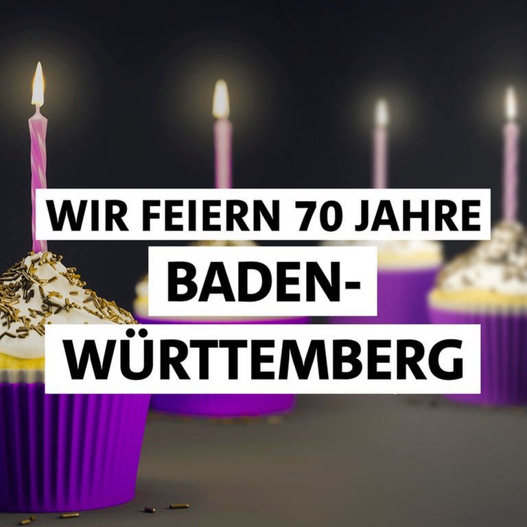 SWR1 feiert 70 Jahre Baden-Württemberg - Cupcakes mit brennenden Kerzen und ein Schriftzug "Wir feiern 70 Jahre Baden-Württemberg" (Foto: SWR, picture alliance / blickwinkel/McPHOTO/M. Gann | Geisler-Fotopress | Robert Schmiegelt | Montage: SWR)