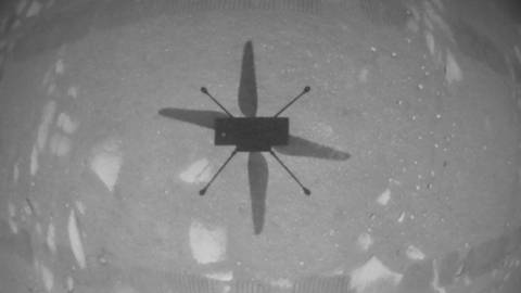 Der NASA-Helikopter "Ingenuity" ist das erste Mal geflogen - auf dem Mars! (Foto: Screenshot: NASA/JPL-Caltech/ASU)