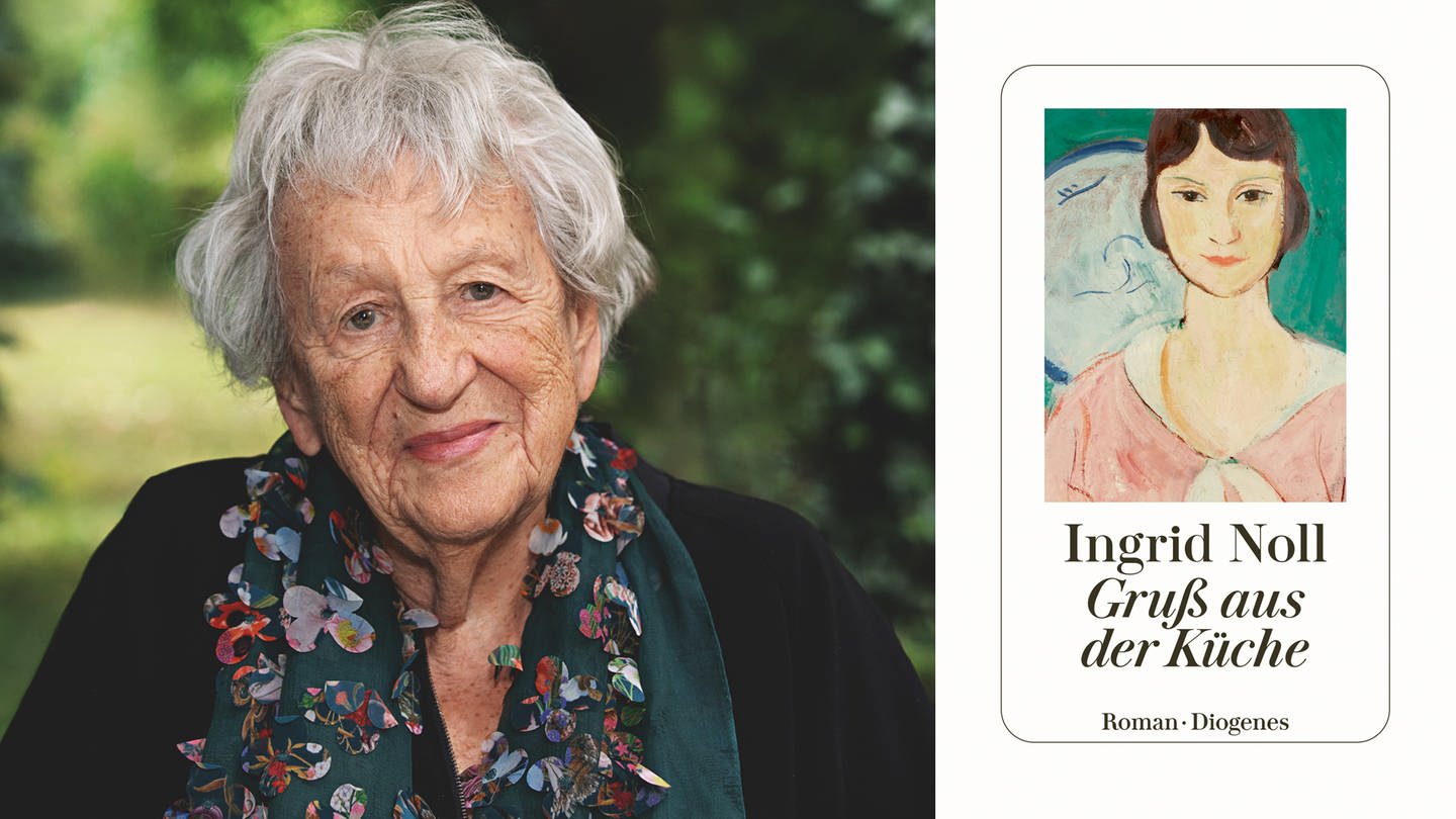 Autorin Ingrid Noll schaut in die Kamera, neben ihr ist das Cover ihres Buches 