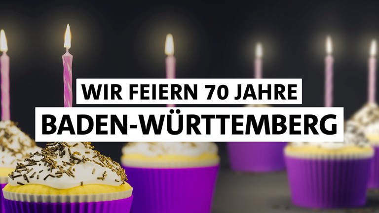 SWR1 feiert 70 Jahre Baden-Württemberg - Cupcakes mit brennenden Kerzen und ein Schriftzug "Wir feiern 70 Jahre Baden-Württemberg" (Foto: SWR, picture alliance / blickwinkel/McPHOTO/M. Gann | Geisler-Fotopress | Robert Schmiegelt | Montage: SWR)