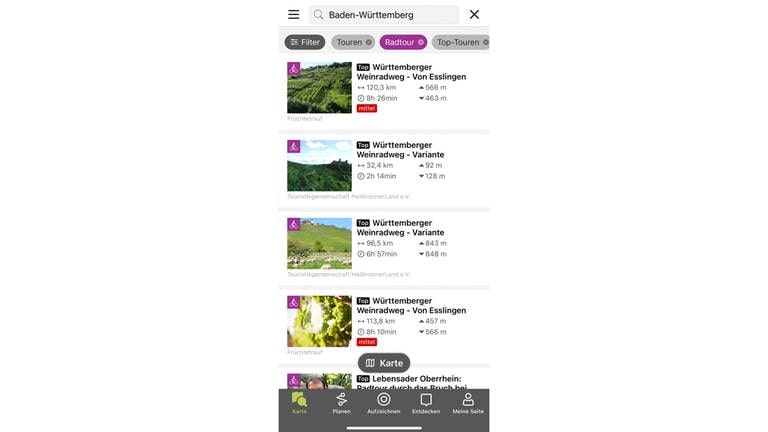 Screenshot Suchergebnisse Radtouren in Baden-Württemberg aus der App Outdooractive: Die App bietet Touren in Baden-Württemberg mit Karte und Fotos. So lassen sich Ausflüge und der Urlaub zuhause in der Nähe einfach planen.