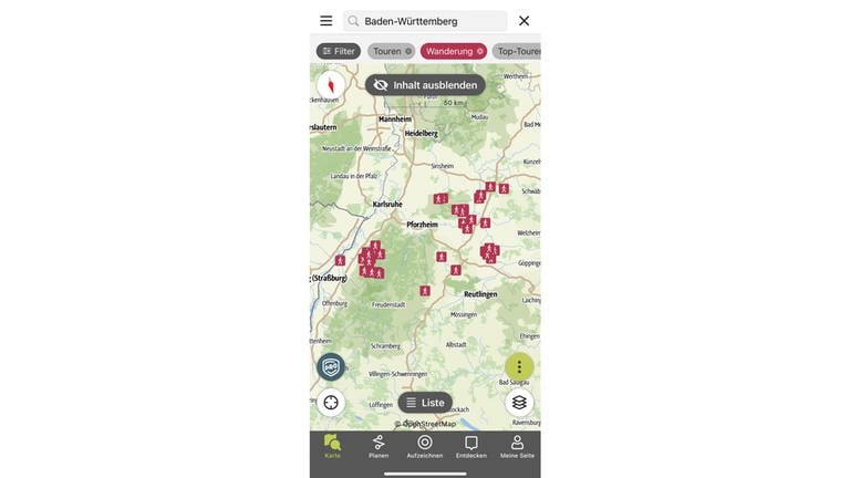 Screenshot Karte mit Wanderrouten in Baden-Württemberg aus der App Outdooractive: Die App bietet Touren in Baden-Württemberg mit Karte und Fotos. So lassen sich Ausflüge und der Urlaub zuhause in der Nähe einfach planen. (Foto: Outdooractive Screenshot)