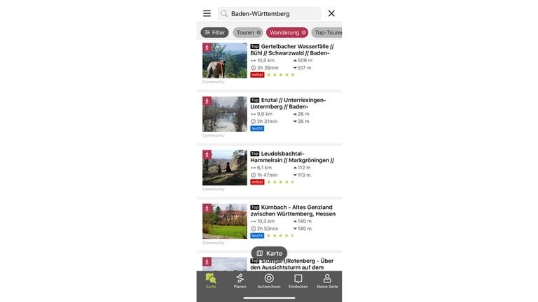 Screenshot Wanderrouten in Baden-Württemberg aus der App Outdooractive: Die App bietet Touren in Baden-Württemberg mit Karte und Fotos. So lassen sich Ausflüge und der Urlaub zuhause in der Nähe einfach planen. (Foto: Outdooractive Screenshot)