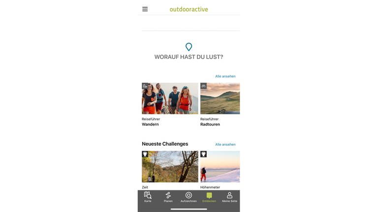Screenshot Übersichtsseite Kategorien aus der App Outdooractive: Die App bietet Touren in Baden-Württemberg mit Karte und Fotos. So lassen sich Ausflüge und der Urlaub zuhause in der Nähe einfach planen. (Foto: Outdooractive Screenshot)