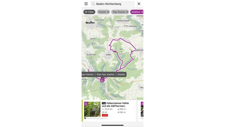 Screenshot Route auf einer Karte für eine Radtour in Baden-Württemberg aus der App Outdooractive: Die App bietet Touren in Baden-Württemberg mit Karte und Fotos. So lassen sich Ausflüge und der Urlaub zuhause in der Nähe einfach planen. (Foto: Outdooractive Screenshot)