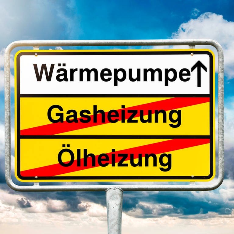 Ein Schild mit dem Schriftzug "Wärmepumpe", darunter - durchgestrichen - "Gasheizung" und "Ölheizung"