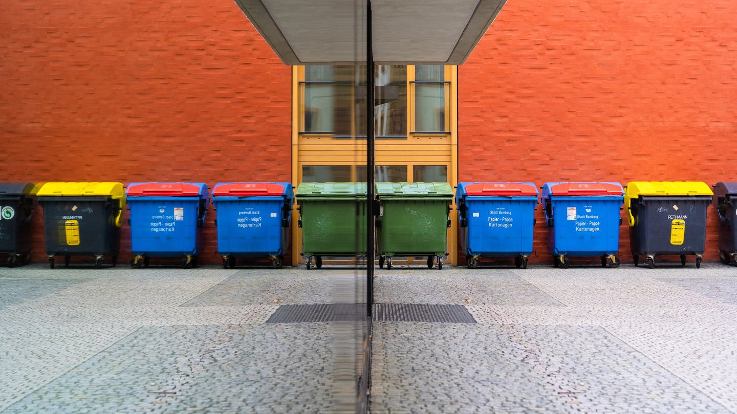 Mehrere unterschiedliche Mülltonnen stehen in einer Seitengasse nebeneinander und spiegeln sich in einer Scheibe. (Foto: picture-alliance / Reportdienste, picture alliance/dpa | Nicolas Armer)