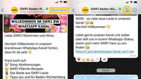 SWR1 Whatsapp-Kanal abonnieren und Glocke aktivieren: So einfach geht es (Bild: zwei Screenshots nebeneinander des Whatsapp-Kanals von SWR1 Baden-Württemberg in der dazugehörigen App)