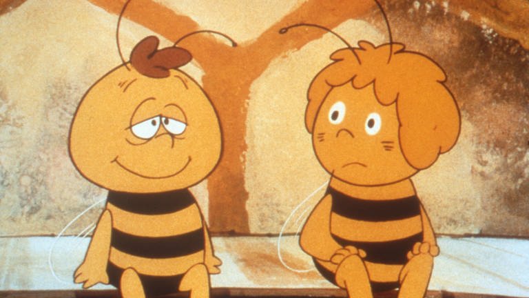 Die Biene Maja, Zeichentrickserie, JapanDeutschlandÖsterreich 1975 - 1980, Szenenfoto mit der Biene Maja und dem Grashüpfer Flip. (Foto: picture-alliance / Reportdienste, Picture Alliance)