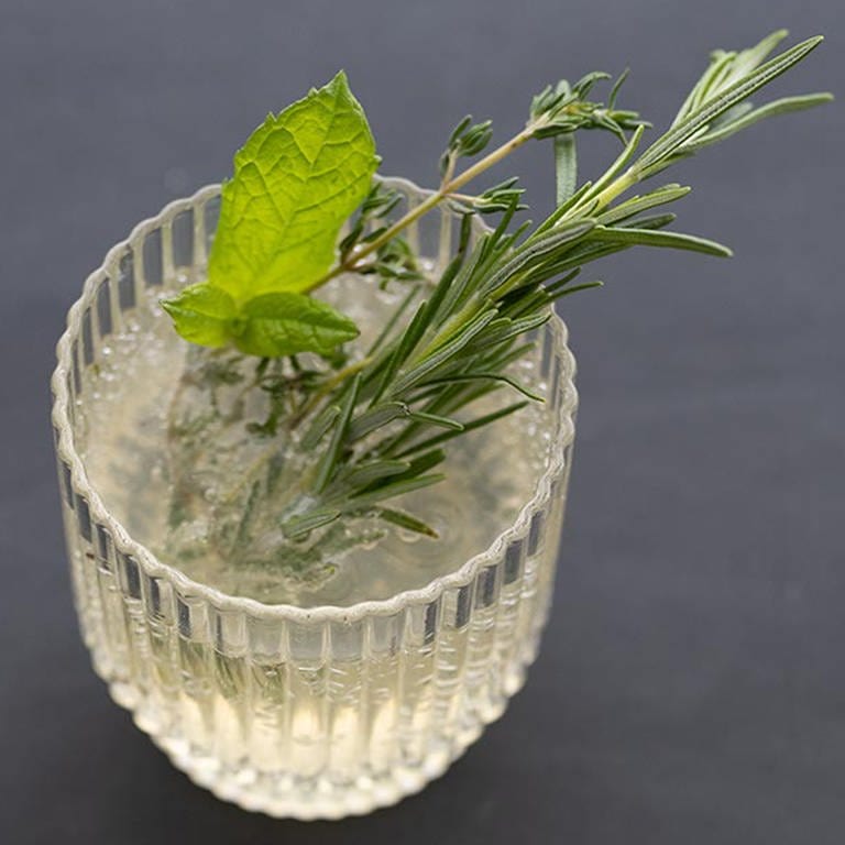 Kräuterlimonade in einem Glas, hergestellt aus dem Albdudler-Sirup