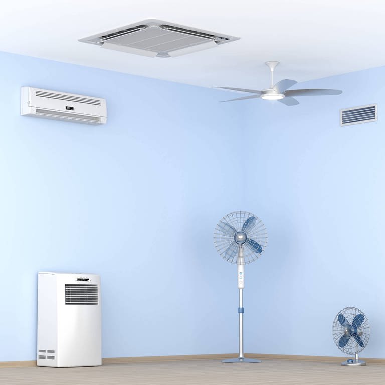 Verschiedenen Ventilatoren, Klima-Splitgerät und eine mobile Klimaanlage. (Foto: picture-alliance / Reportdienste, picture alliance / PantherMedia)