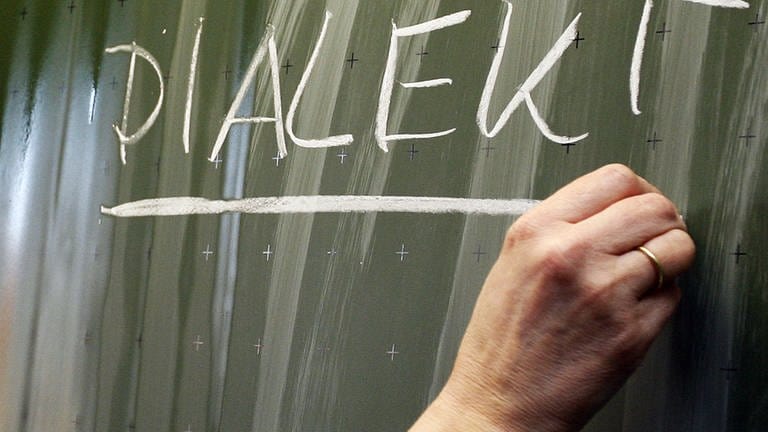 Eine Frau schreibt das Wort "Dialekt" auf eine Tafel. (Foto: dpa Bildfunk, picture alliance/Daniel Karmann/dpa)