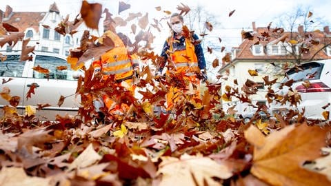 Zwei städtische Mitarbeiterinnen befreien einen Radweg mit Laubbläsern vom Herbstlaub. (Foto: dpa Bildfunk, Hauke-Christian Dittrich)