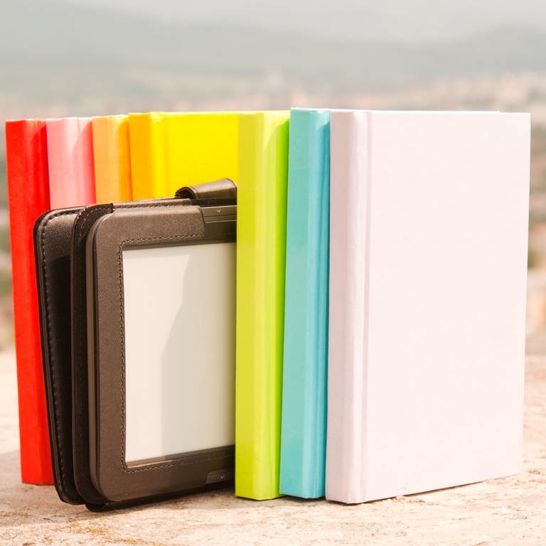 Bücher und E-Reaser vor Urlaubskulisse (Foto: Colourbox)