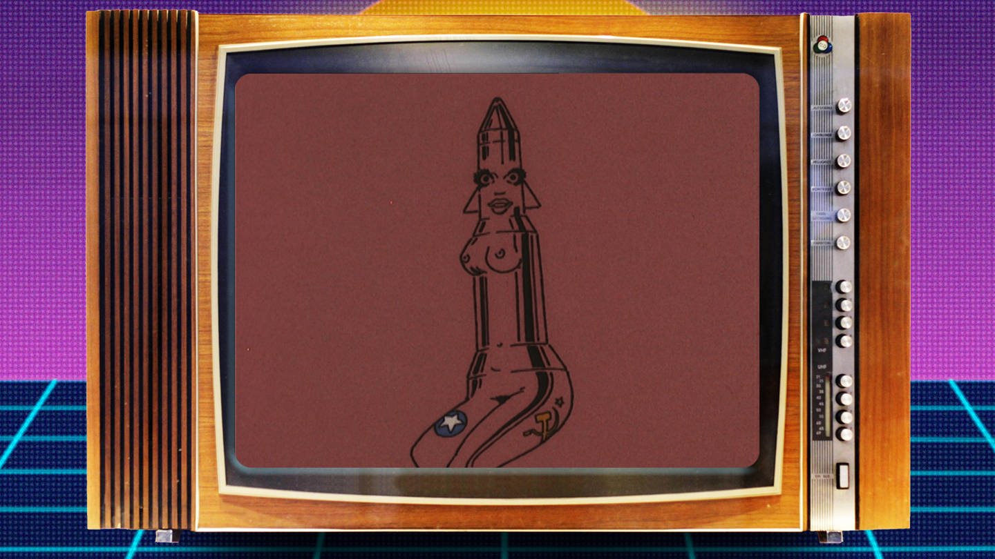 Karikaturen-Ausstellung 1983: Frauenkörper in Raketenform (Foto: SWR)