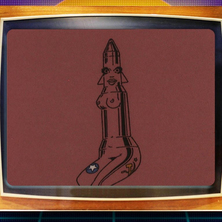Karikaturen-Ausstellung 1983: Frauenkörper in Raketenform 